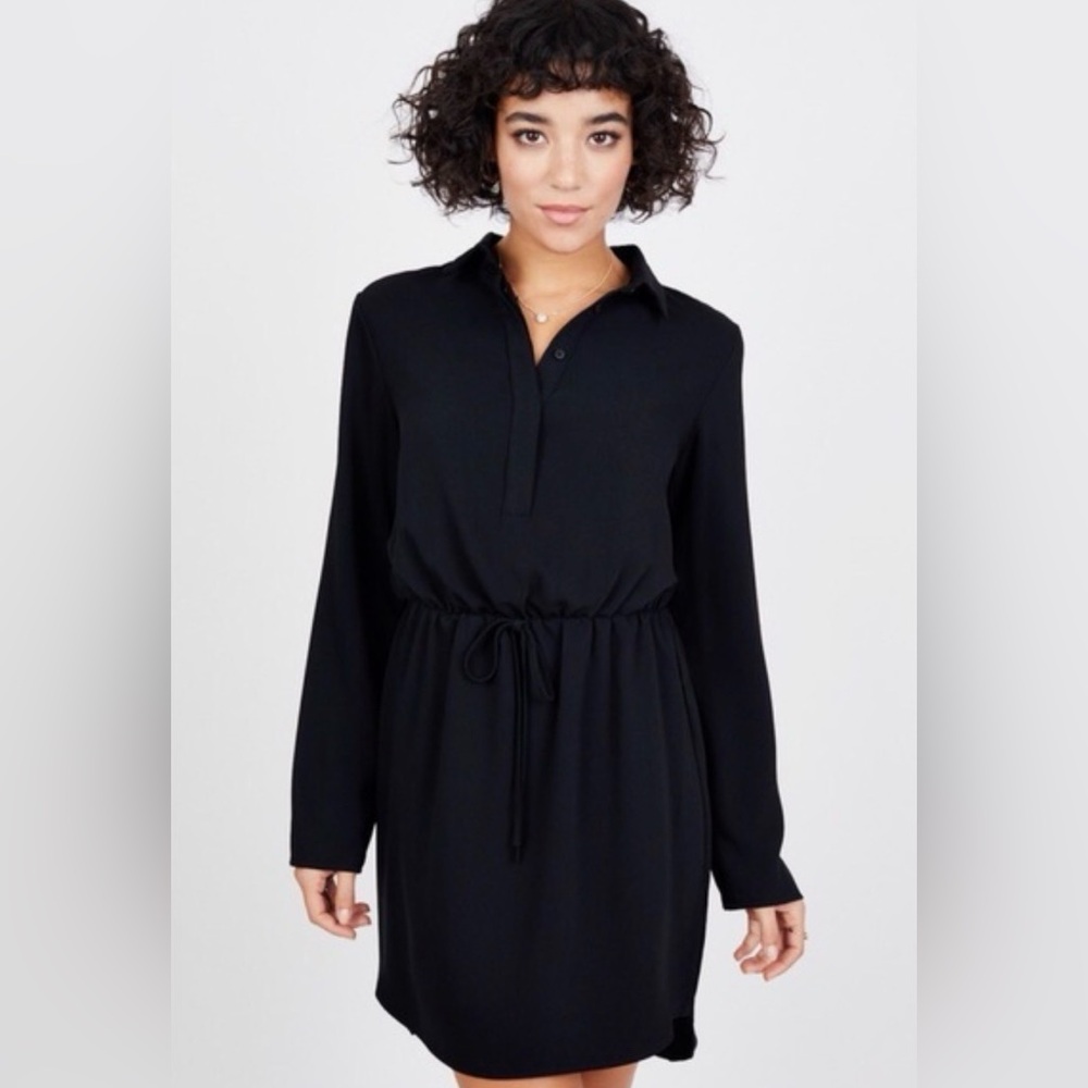 Amanda Uprichard Black Long-Sleeve Drawstring Shirt Dress Little Black Dress S
